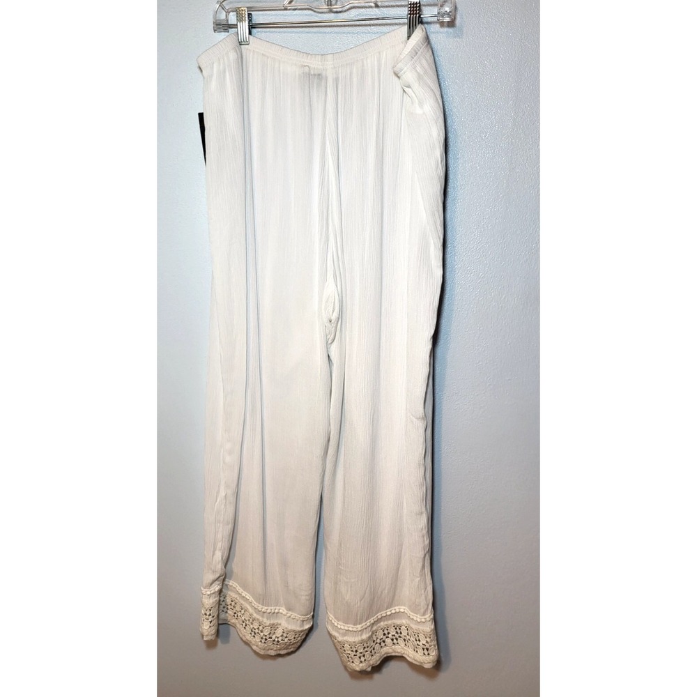 NWT New Directions White Rayon Gauzy Lined Wide Leg Pant Crochet Hem Sz 1X Boho - Picture 2 of 8
